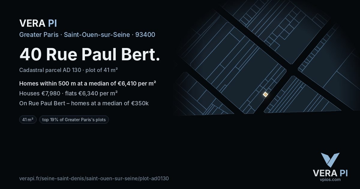 40 Rue Paul Bert, Saint-Ouen-sur-Seine at night – the plot lit, the parcels around coloured by the prices near them