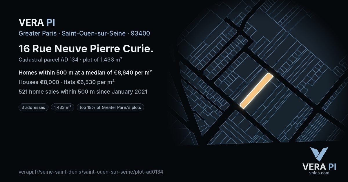 16 Rue Neuve Pierre Curie, Saint-Ouen-sur-Seine at night – the plot lit, the parcels around coloured by the prices near them