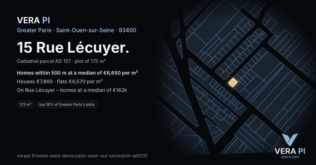 15 Rue Lécuyer, Saint-Ouen-sur-Seine at night – the plot lit, the parcels around coloured by the prices near them