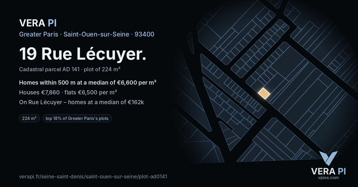19 Rue Lécuyer, Saint-Ouen-sur-Seine at night – the plot lit, the parcels around coloured by the prices near them