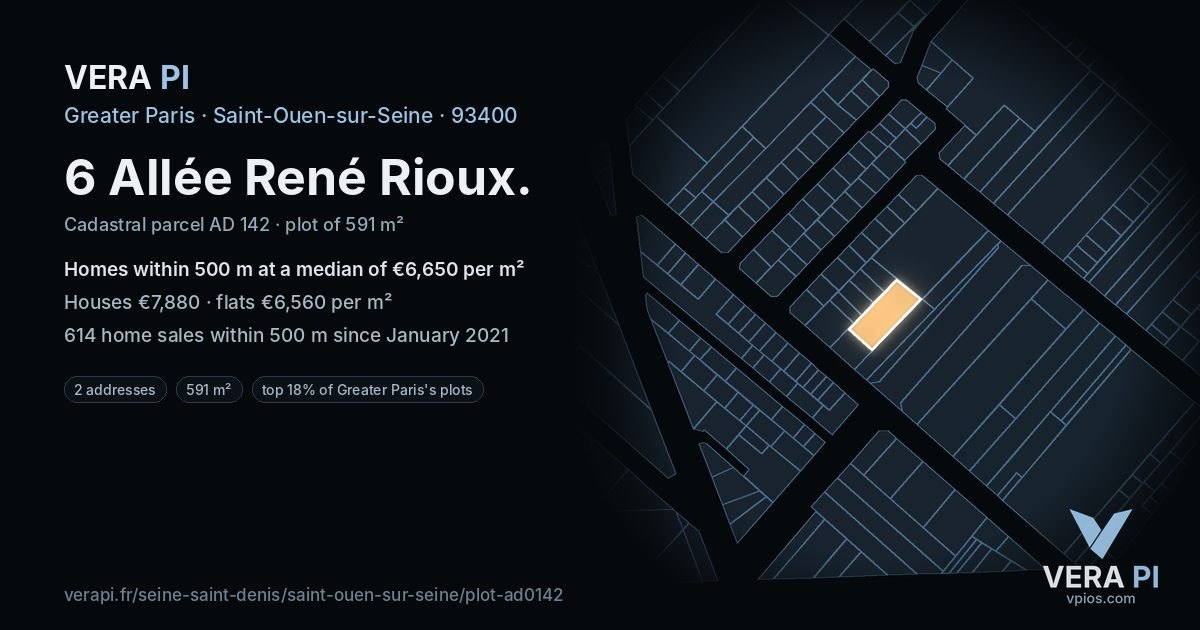 6 Allée René Rioux, Saint-Ouen-sur-Seine at night – the plot lit, the parcels around coloured by the prices near them