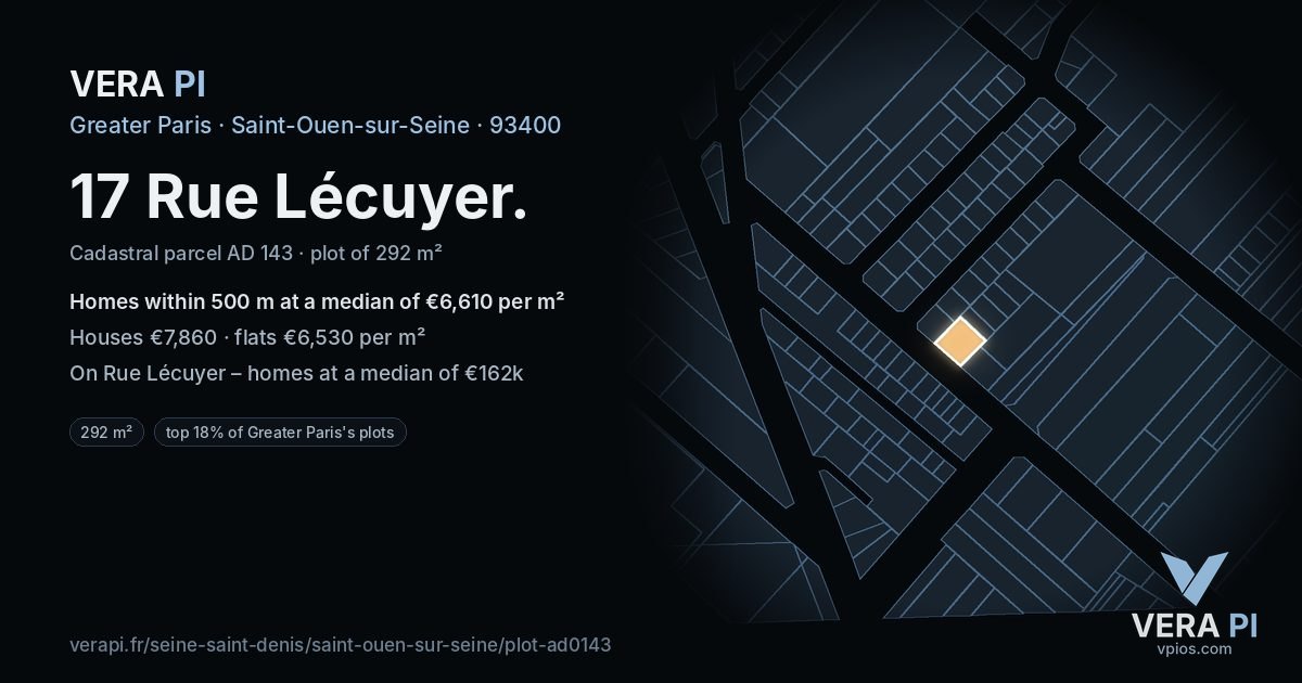 17 Rue Lécuyer, Saint-Ouen-sur-Seine at night – the plot lit, the parcels around coloured by the prices near them
