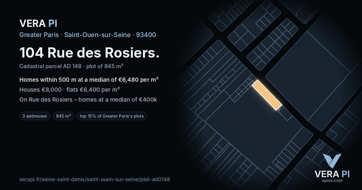 104 Rue des Rosiers, Saint-Ouen-sur-Seine at night – the plot lit, the parcels around coloured by the prices near them