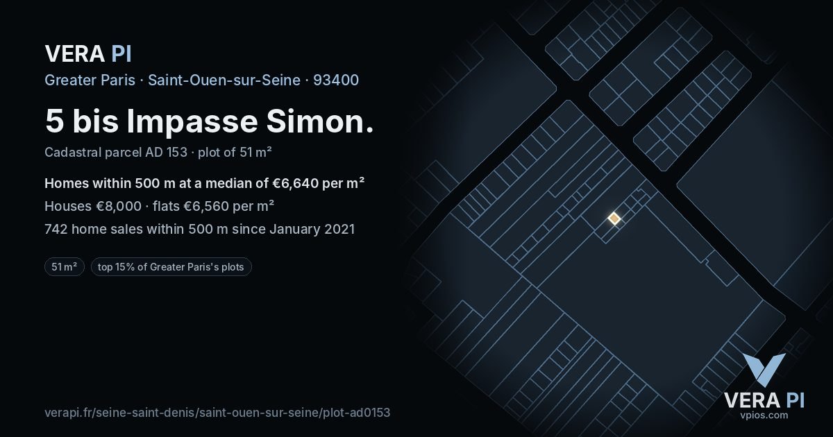 5 bis Impasse Simon, Saint-Ouen-sur-Seine at night – the plot lit, the parcels around coloured by the prices near them
