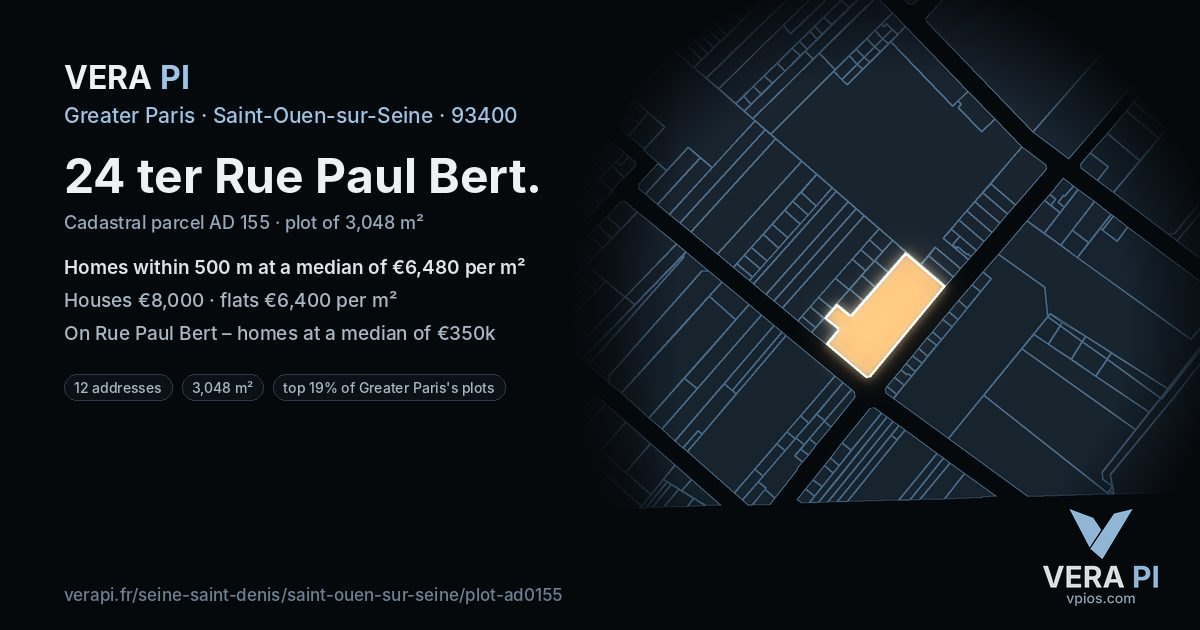 24 ter Rue Paul Bert, Saint-Ouen-sur-Seine at night – the plot lit, the parcels around coloured by the prices near them