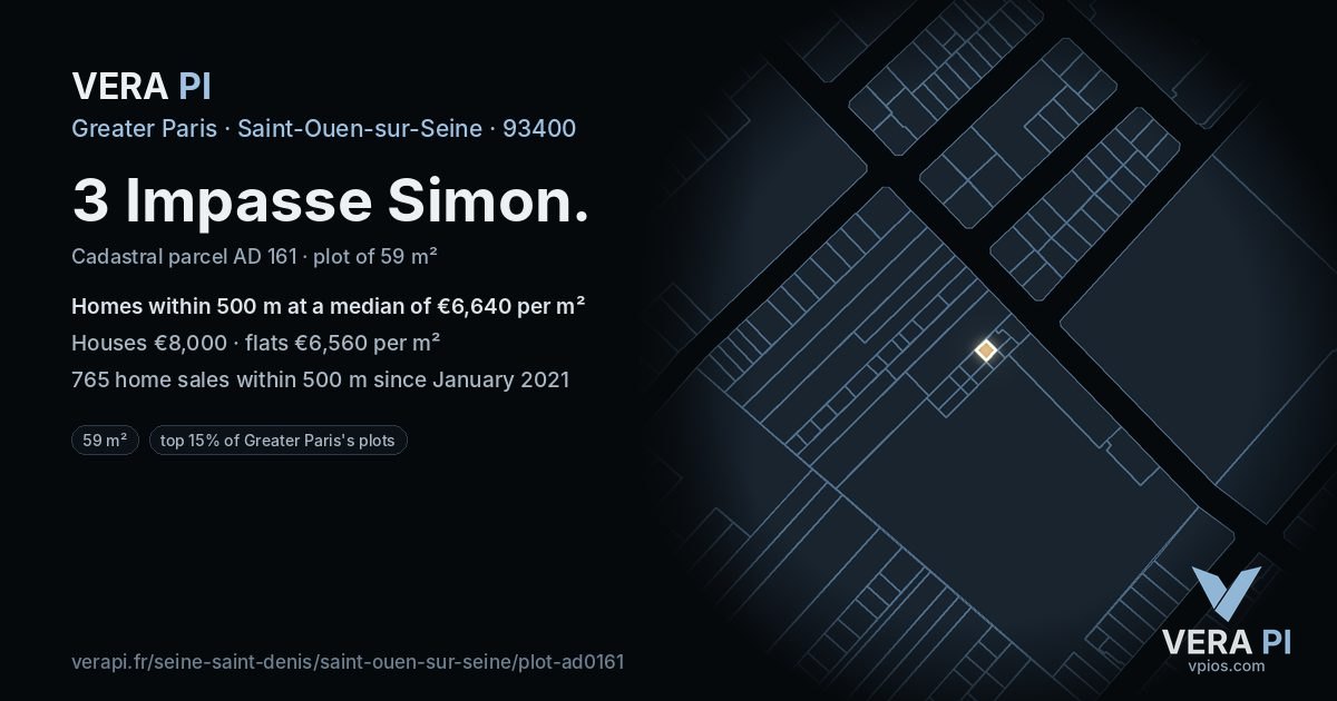 3 Impasse Simon, Saint-Ouen-sur-Seine at night – the plot lit, the parcels around coloured by the prices near them