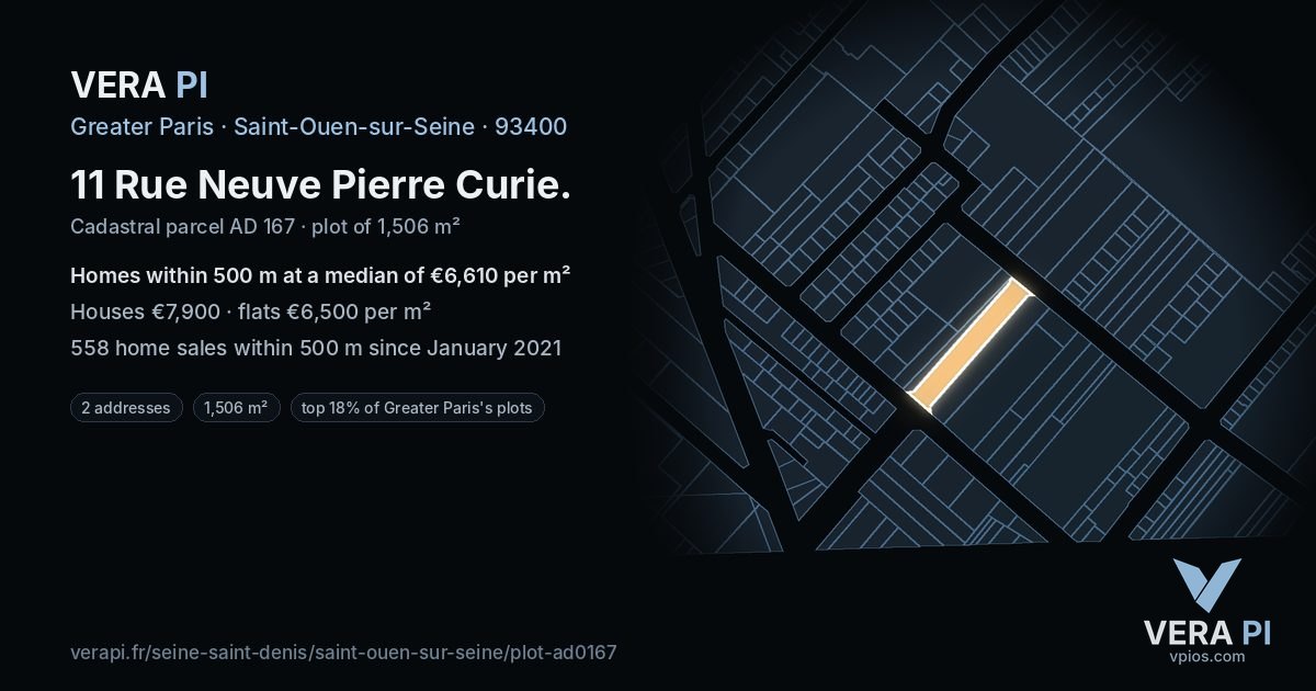 11 Rue Neuve Pierre Curie, Saint-Ouen-sur-Seine at night – the plot lit, the parcels around coloured by the prices near them
