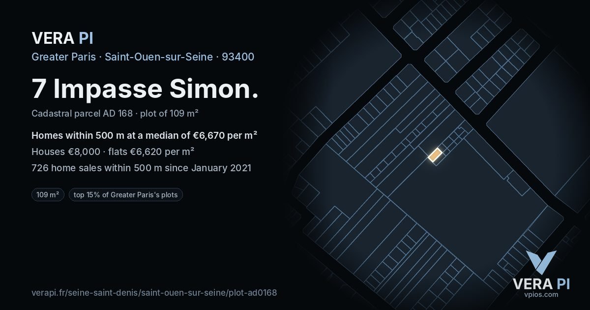 7 Impasse Simon, Saint-Ouen-sur-Seine at night – the plot lit, the parcels around coloured by the prices near them