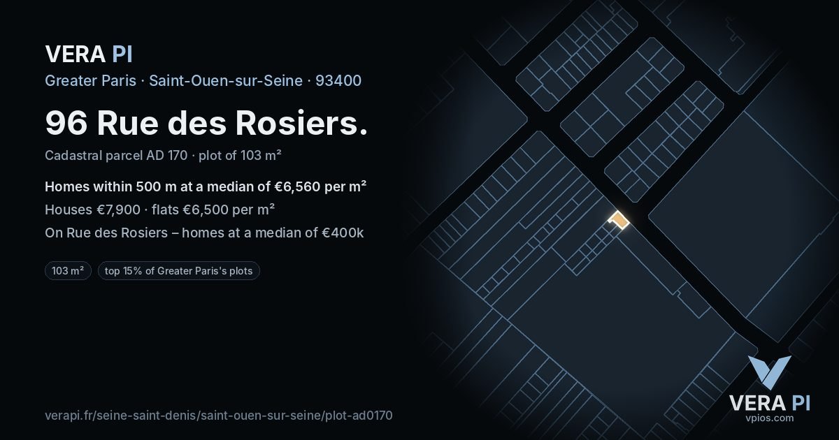 96 Rue des Rosiers, Saint-Ouen-sur-Seine at night – the plot lit, the parcels around coloured by the prices near them