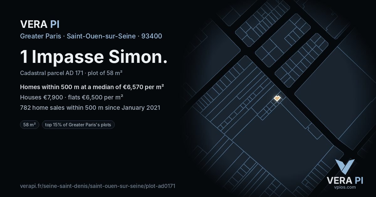 1 Impasse Simon, Saint-Ouen-sur-Seine at night – the plot lit, the parcels around coloured by the prices near them