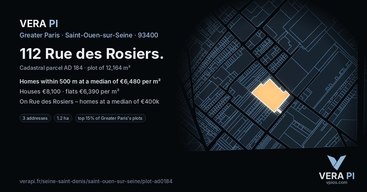 112 Rue des Rosiers, Saint-Ouen-sur-Seine at night – the plot lit, the parcels around coloured by the prices near them