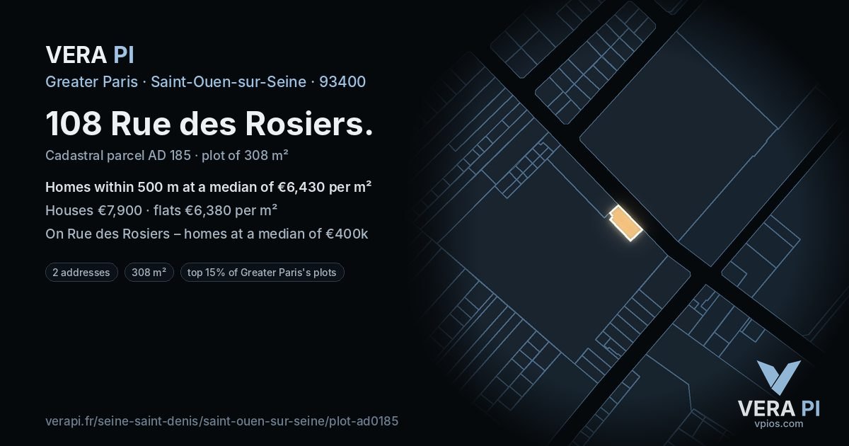 108 Rue des Rosiers, Saint-Ouen-sur-Seine at night – the plot lit, the parcels around coloured by the prices near them