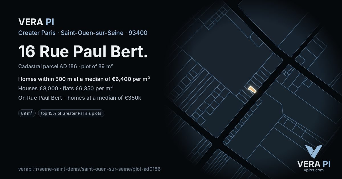 16 Rue Paul Bert, Saint-Ouen-sur-Seine at night – the plot lit, the parcels around coloured by the prices near them
