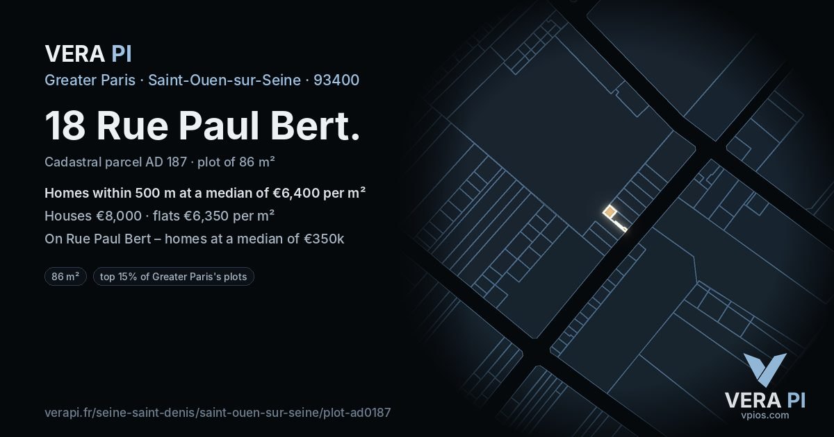 18 Rue Paul Bert, Saint-Ouen-sur-Seine at night – the plot lit, the parcels around coloured by the prices near them
