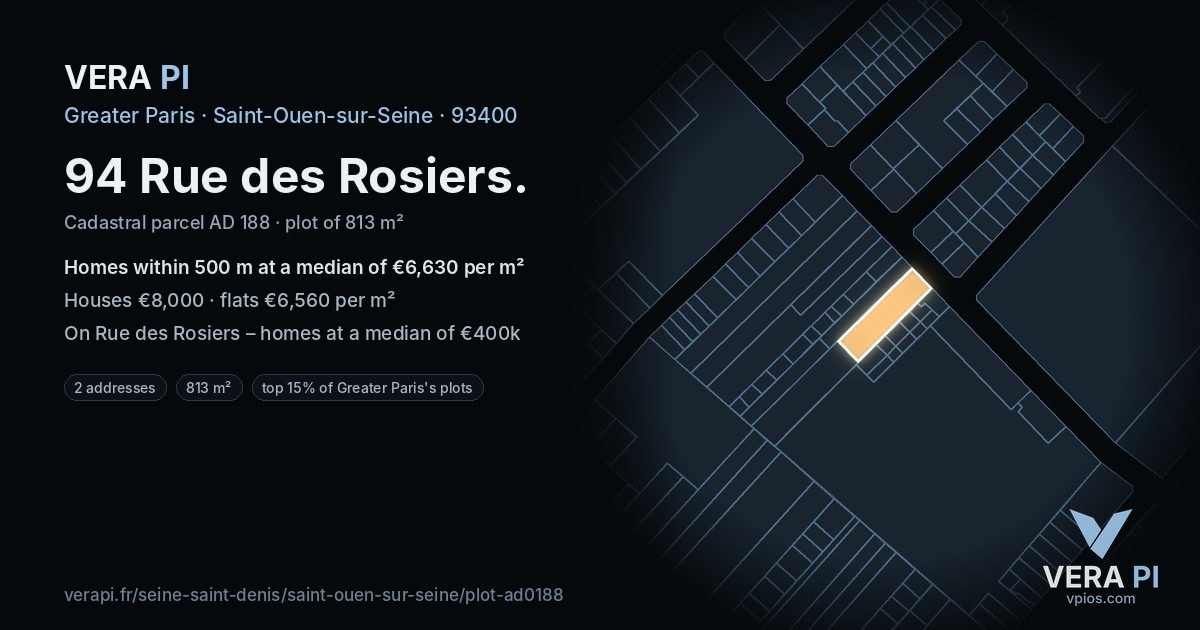 94 Rue des Rosiers, Saint-Ouen-sur-Seine at night – the plot lit, the parcels around coloured by the prices near them