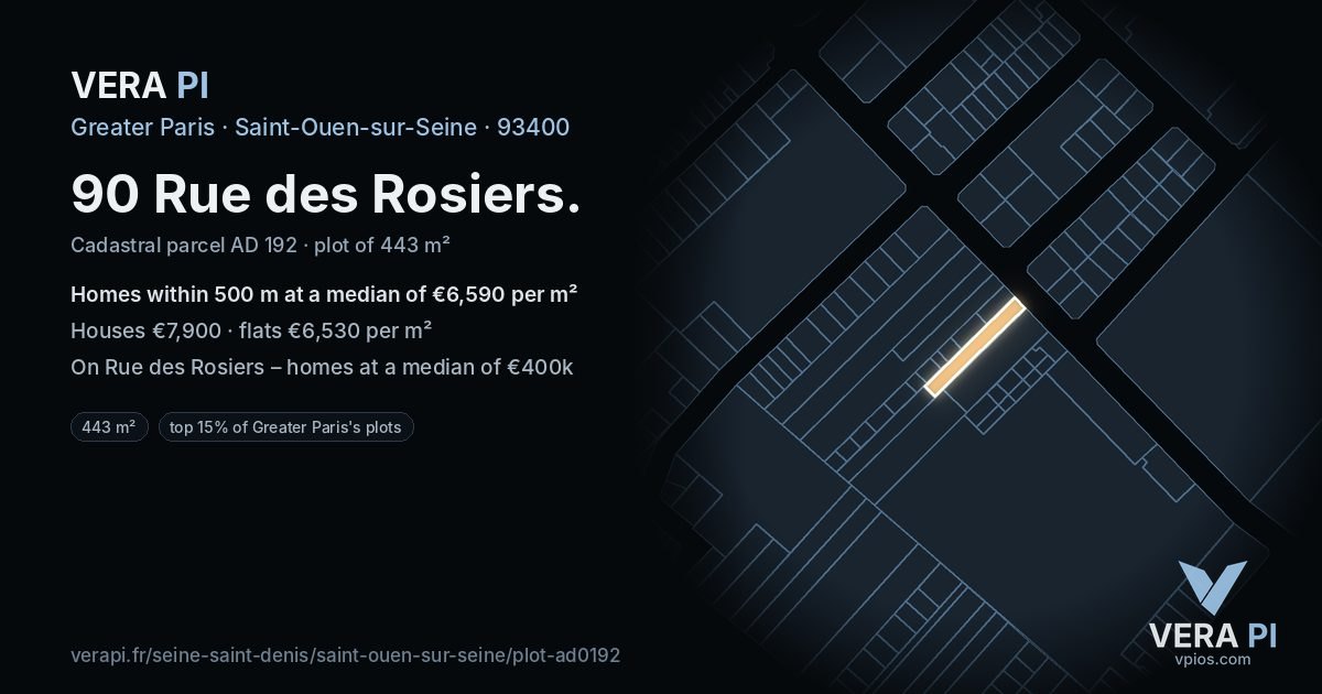 90 Rue des Rosiers, Saint-Ouen-sur-Seine at night – the plot lit, the parcels around coloured by the prices near them