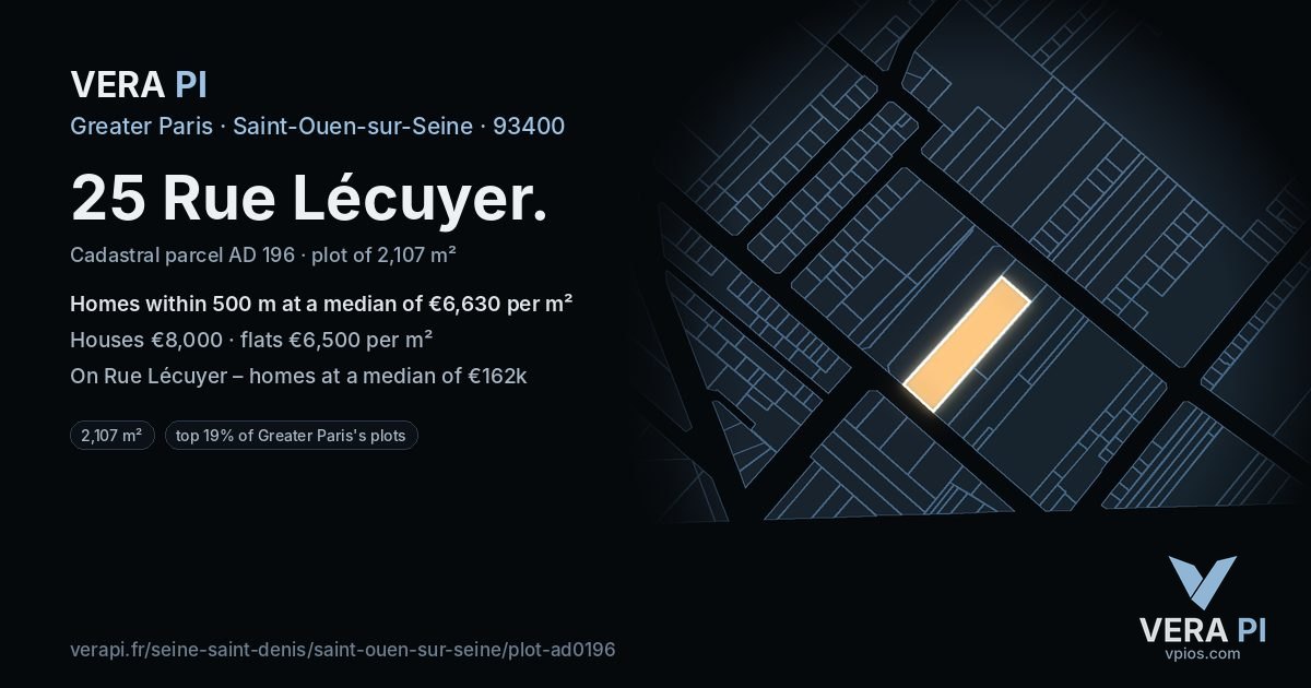 25 Rue Lécuyer, Saint-Ouen-sur-Seine at night – the plot lit, the parcels around coloured by the prices near them