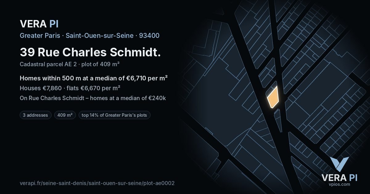 39 Rue Charles Schmidt, Saint-Ouen-sur-Seine at night – the plot lit, the parcels around coloured by the prices near them