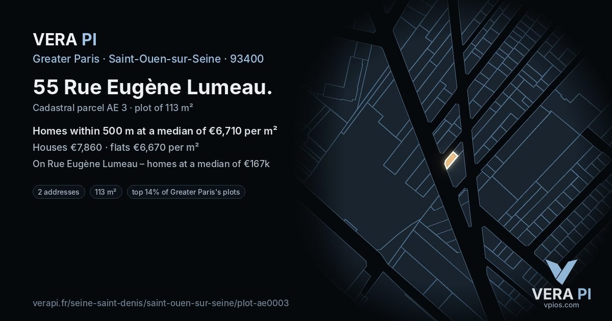 55 Rue Eugène Lumeau, Saint-Ouen-sur-Seine at night – the plot lit, the parcels around coloured by the prices near them