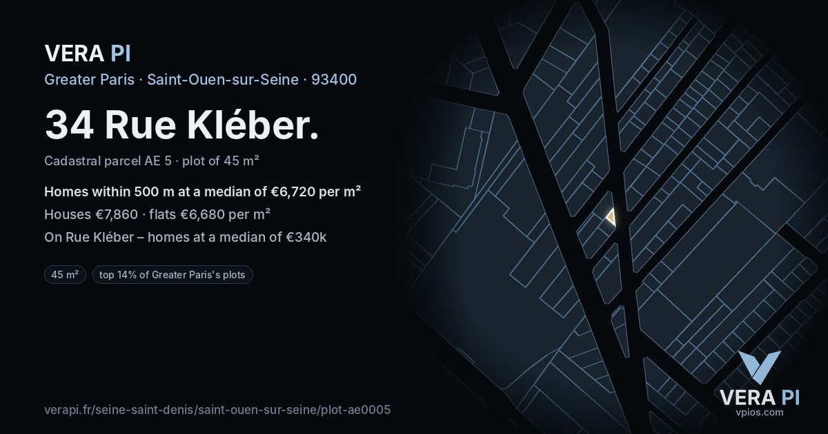 34 Rue Kléber, Saint-Ouen-sur-Seine at night – the plot lit, the parcels around coloured by the prices near them