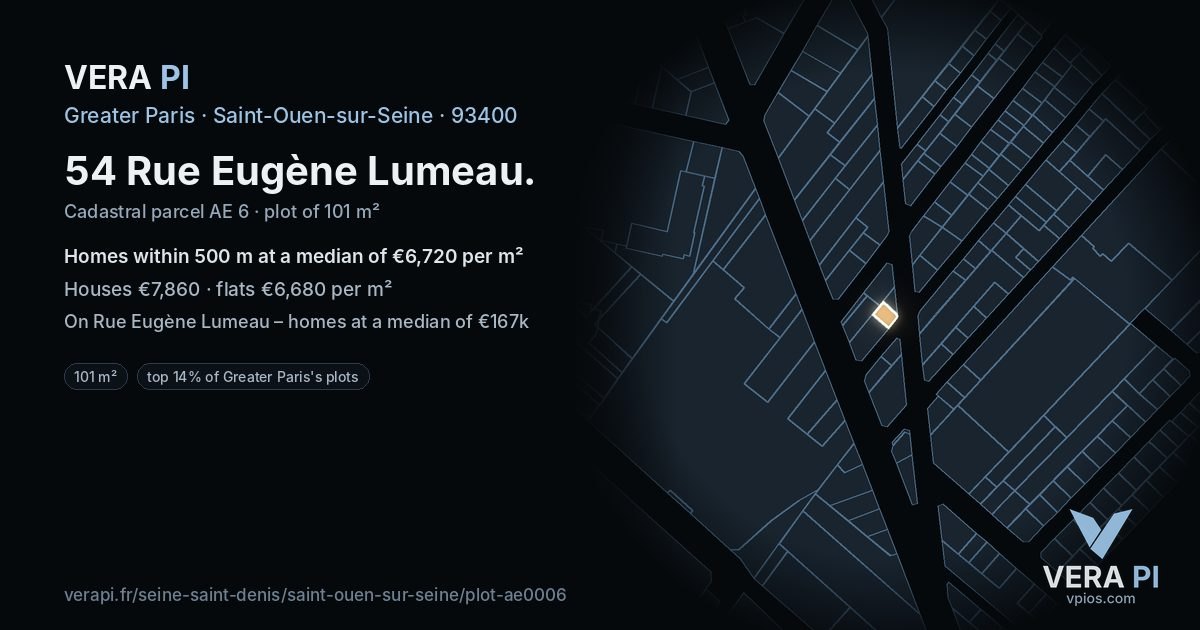 54 Rue Eugène Lumeau, Saint-Ouen-sur-Seine at night – the plot lit, the parcels around coloured by the prices near them