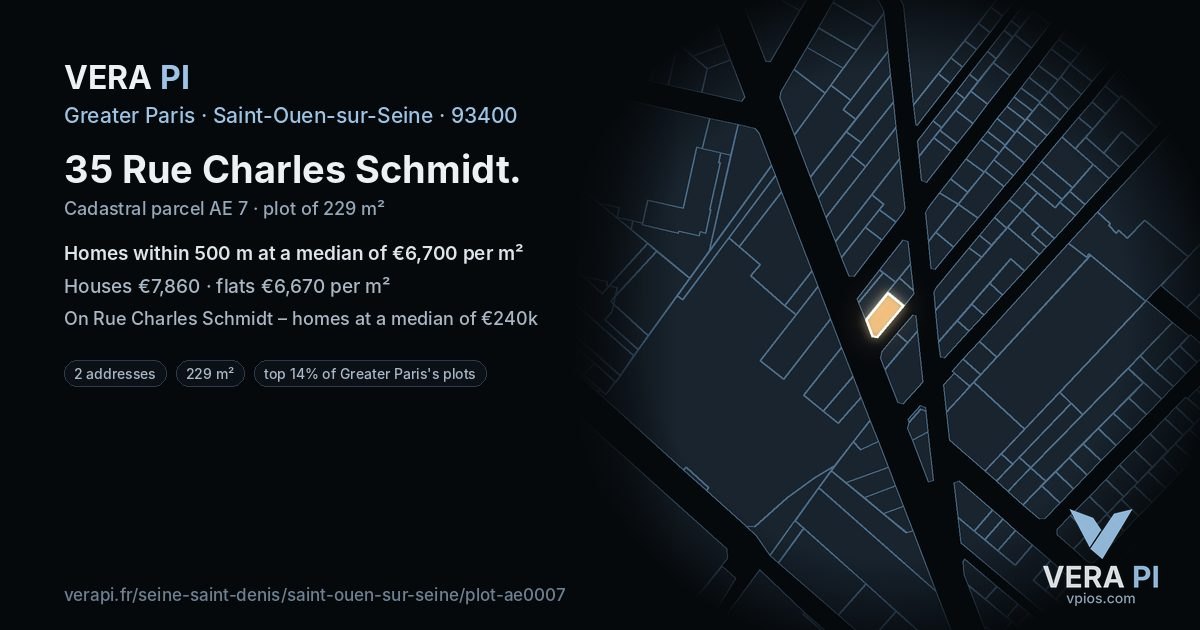 35 Rue Charles Schmidt, Saint-Ouen-sur-Seine at night – the plot lit, the parcels around coloured by the prices near them