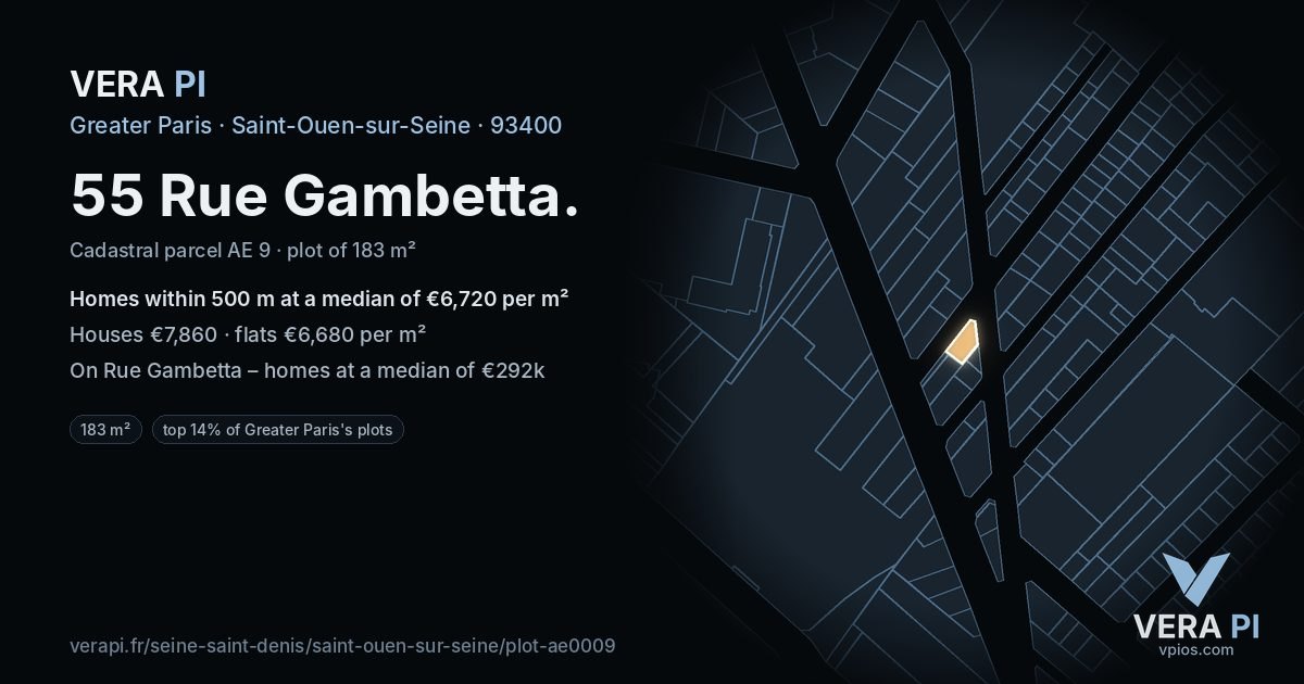 55 Rue Gambetta, Saint-Ouen-sur-Seine at night – the plot lit, the parcels around coloured by the prices near them