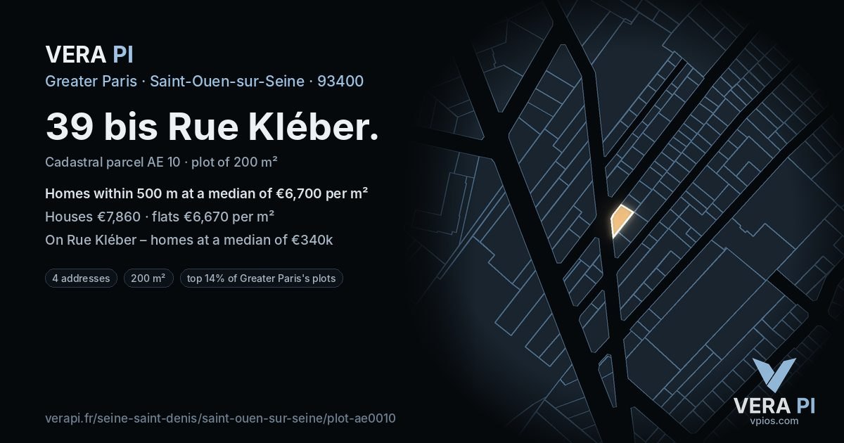 39 bis Rue Kléber, Saint-Ouen-sur-Seine at night – the plot lit, the parcels around coloured by the prices near them