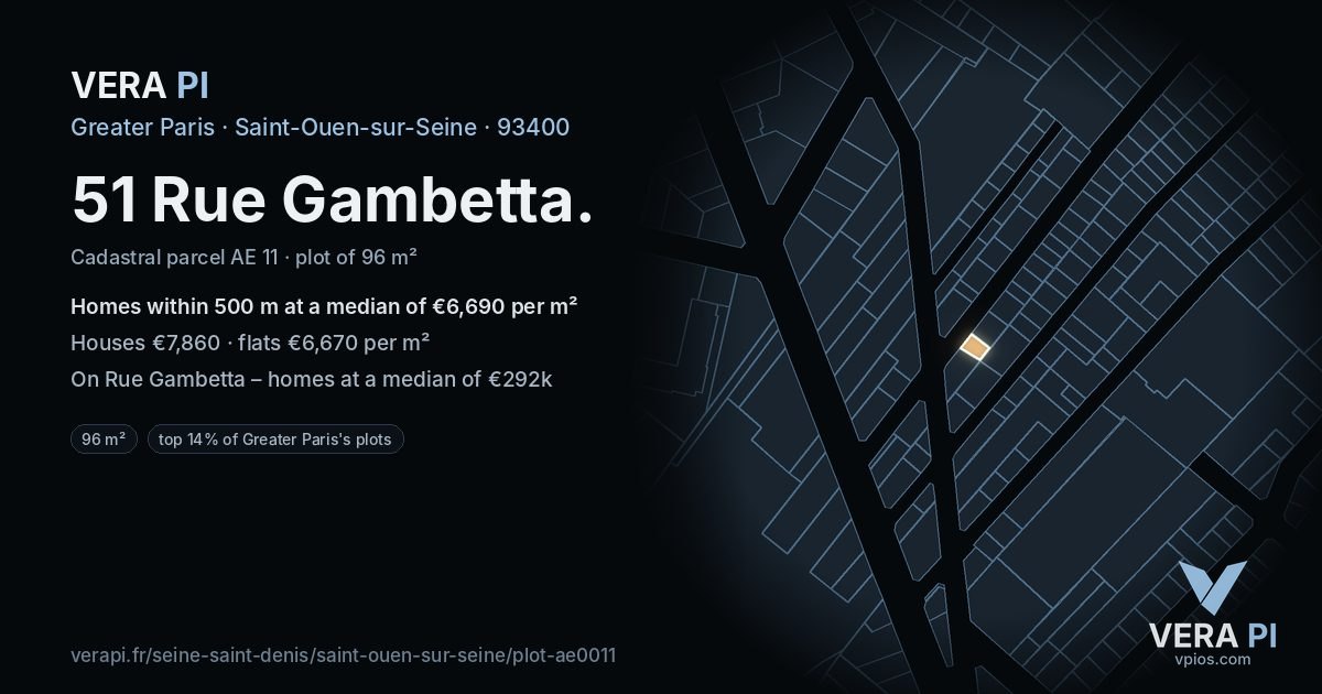 51 Rue Gambetta, Saint-Ouen-sur-Seine at night – the plot lit, the parcels around coloured by the prices near them