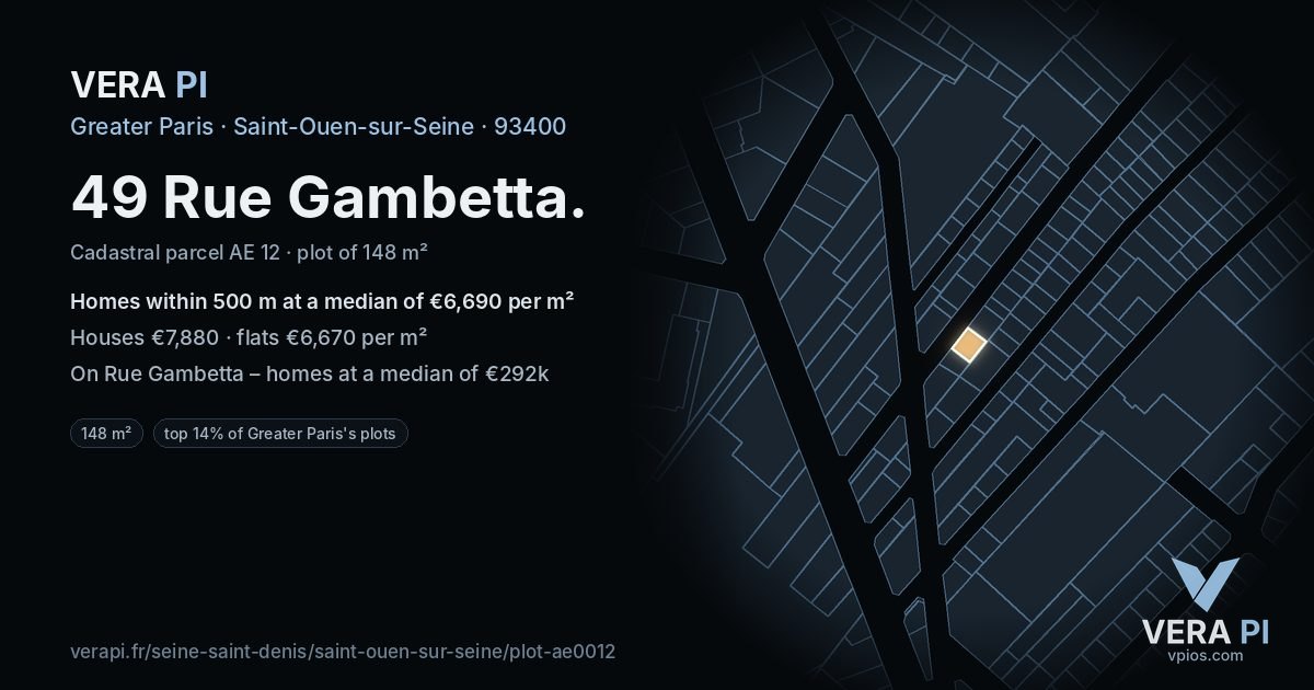 49 Rue Gambetta, Saint-Ouen-sur-Seine at night – the plot lit, the parcels around coloured by the prices near them