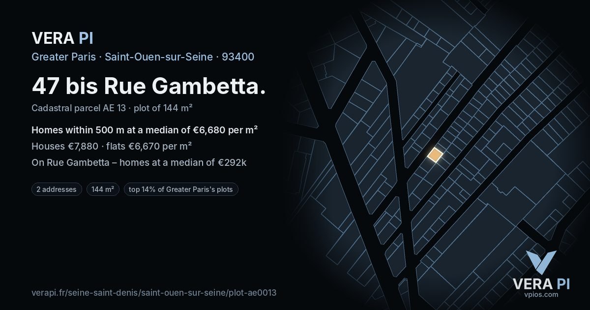 47 bis Rue Gambetta, Saint-Ouen-sur-Seine at night – the plot lit, the parcels around coloured by the prices near them