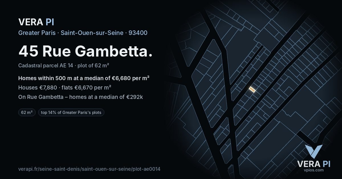 45 Rue Gambetta, Saint-Ouen-sur-Seine at night – the plot lit, the parcels around coloured by the prices near them