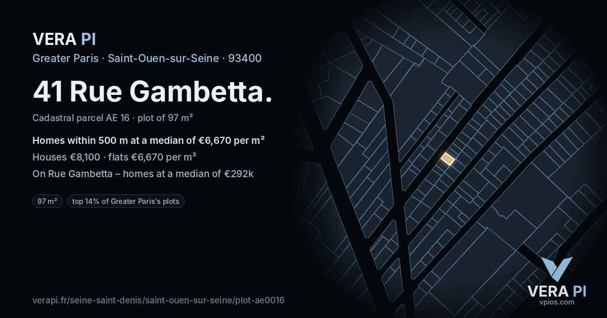 41 Rue Gambetta, Saint-Ouen-sur-Seine at night – the plot lit, the parcels around coloured by the prices near them