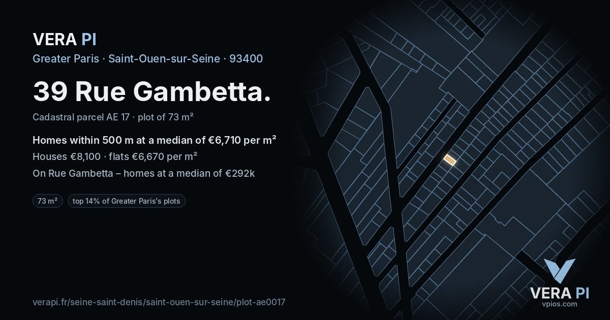 39 Rue Gambetta, Saint-Ouen-sur-Seine at night – the plot lit, the parcels around coloured by the prices near them