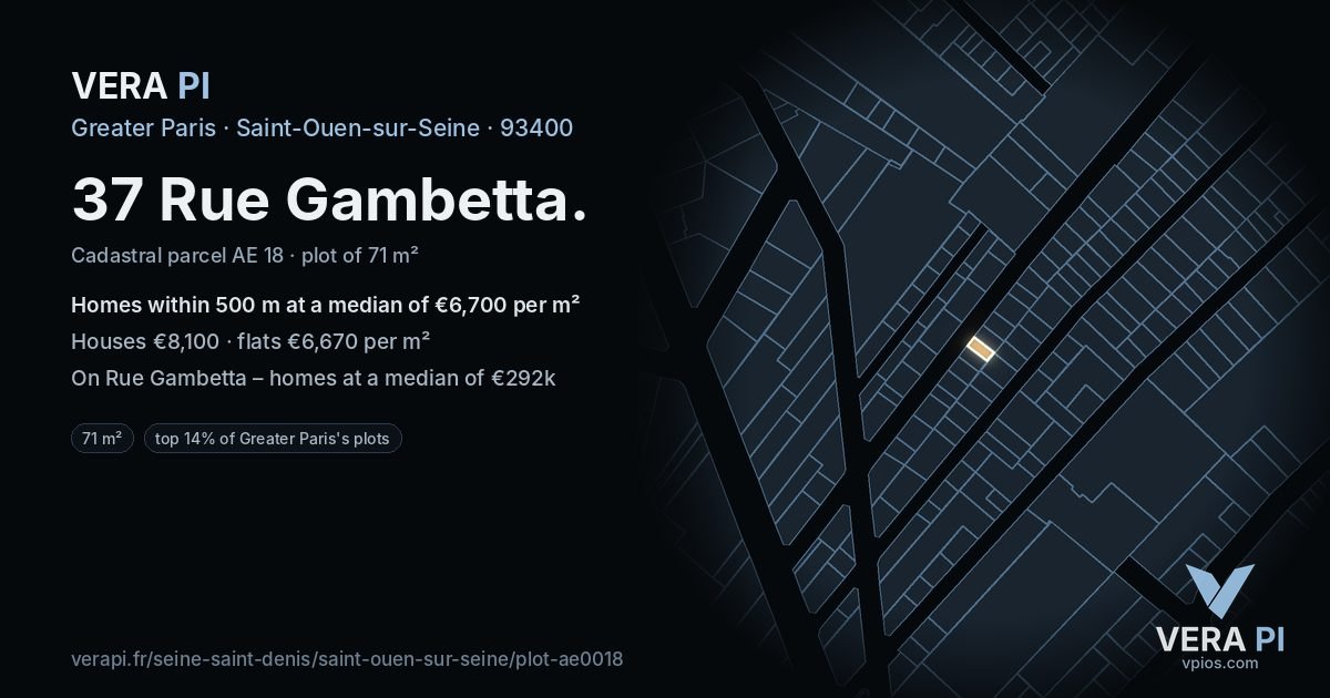 37 Rue Gambetta, Saint-Ouen-sur-Seine at night – the plot lit, the parcels around coloured by the prices near them