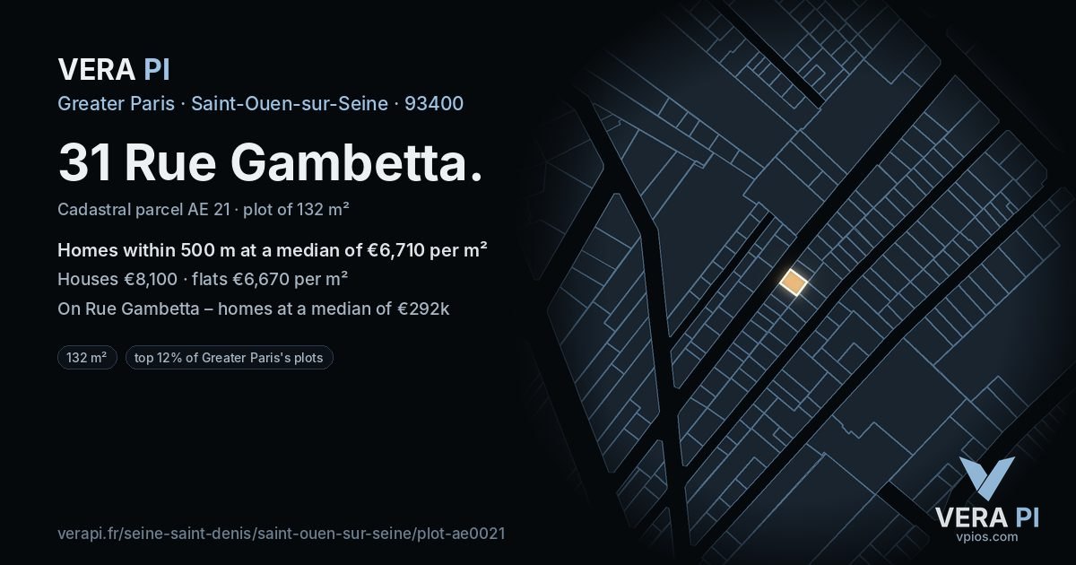 31 Rue Gambetta, Saint-Ouen-sur-Seine at night – the plot lit, the parcels around coloured by the prices near them