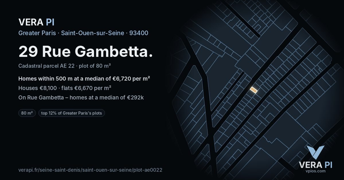 29 Rue Gambetta, Saint-Ouen-sur-Seine at night – the plot lit, the parcels around coloured by the prices near them