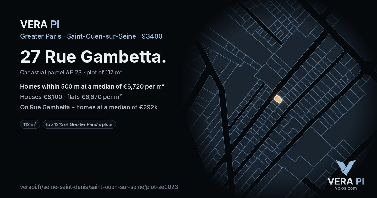 27 Rue Gambetta, Saint-Ouen-sur-Seine at night – the plot lit, the parcels around coloured by the prices near them