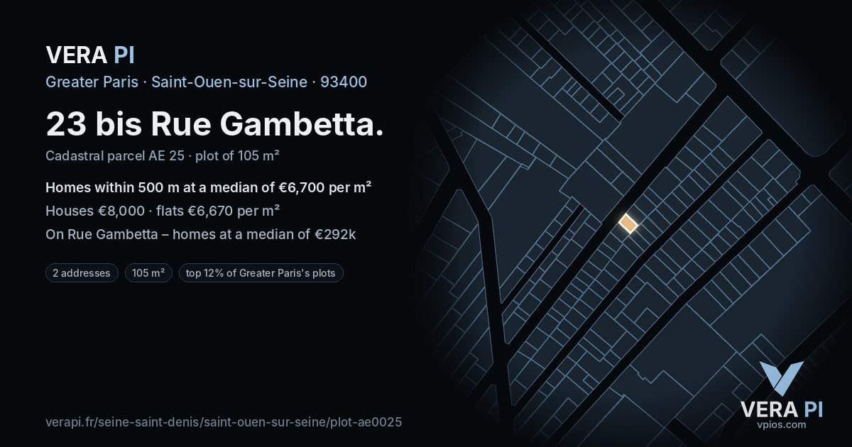23 bis Rue Gambetta, Saint-Ouen-sur-Seine at night – the plot lit, the parcels around coloured by the prices near them