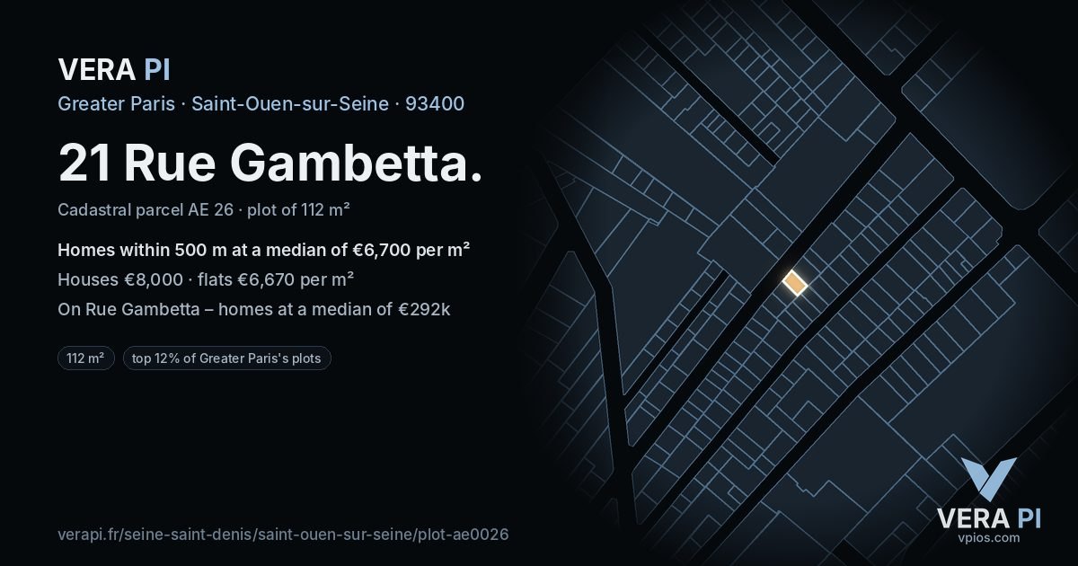 21 Rue Gambetta, Saint-Ouen-sur-Seine at night – the plot lit, the parcels around coloured by the prices near them