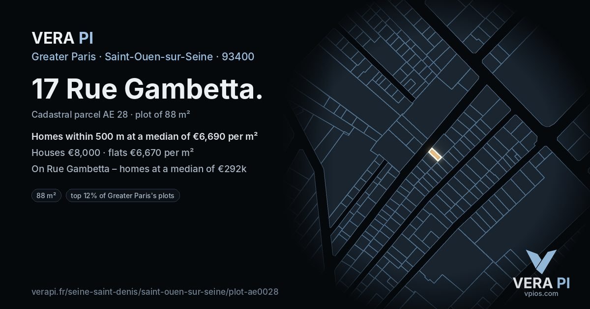 17 Rue Gambetta, Saint-Ouen-sur-Seine at night – the plot lit, the parcels around coloured by the prices near them