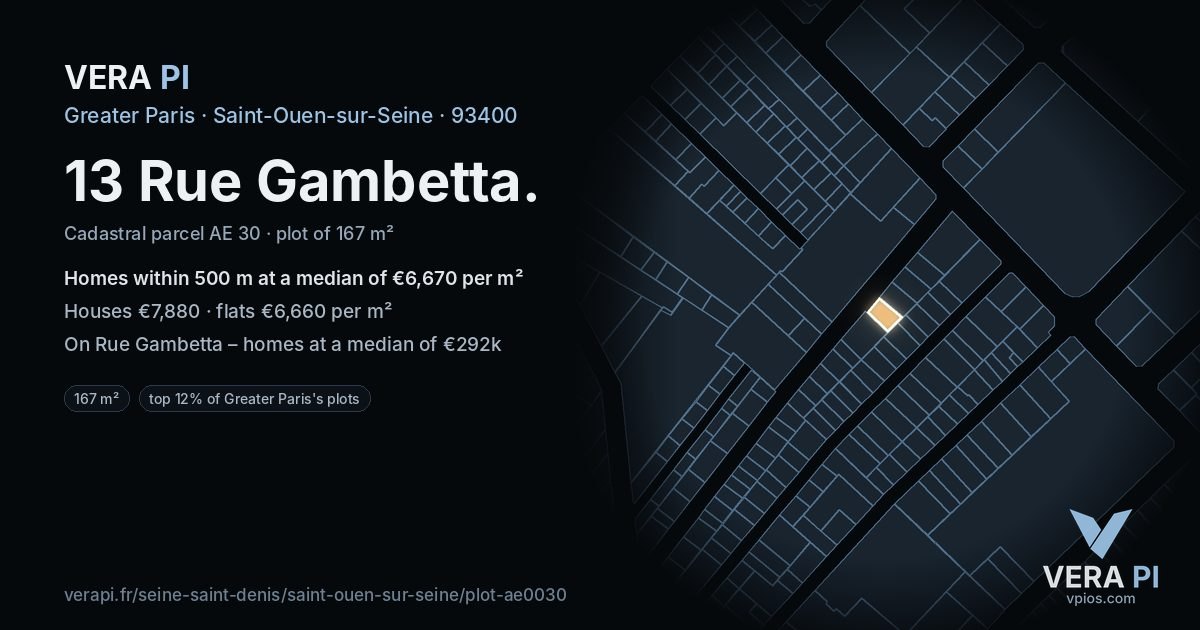 13 Rue Gambetta, Saint-Ouen-sur-Seine at night – the plot lit, the parcels around coloured by the prices near them