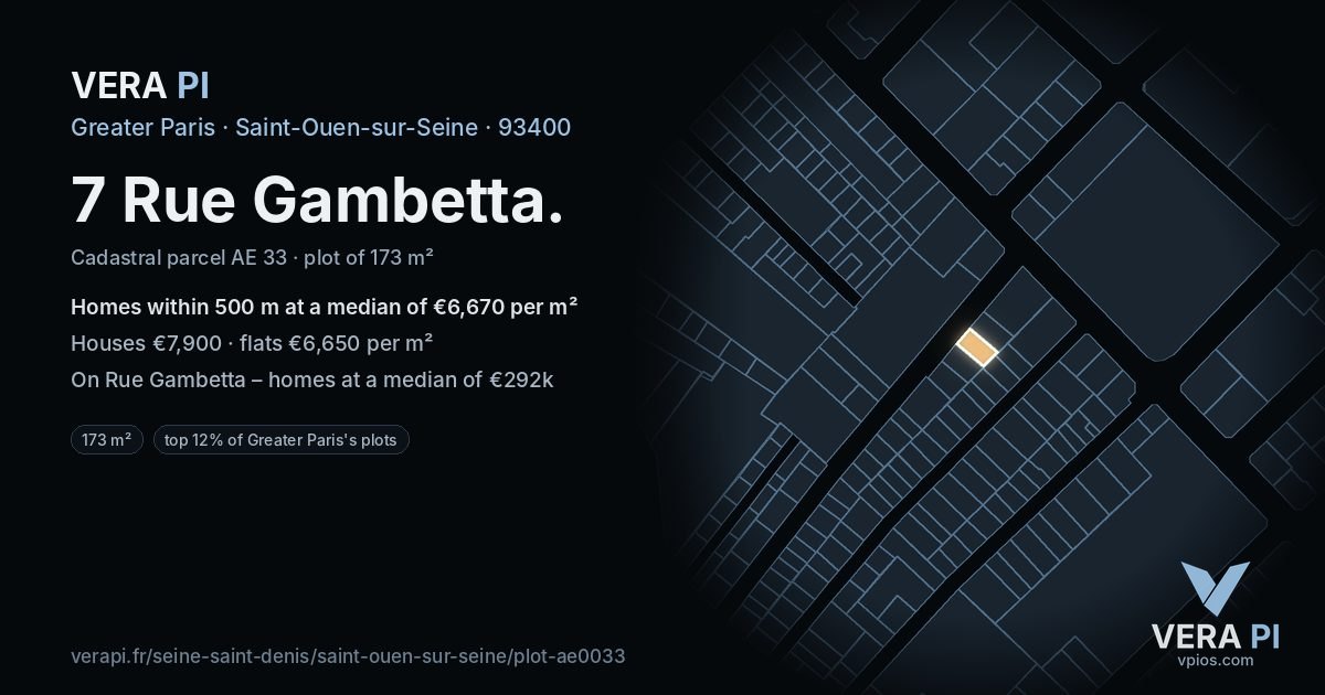 7 Rue Gambetta, Saint-Ouen-sur-Seine at night – the plot lit, the parcels around coloured by the prices near them