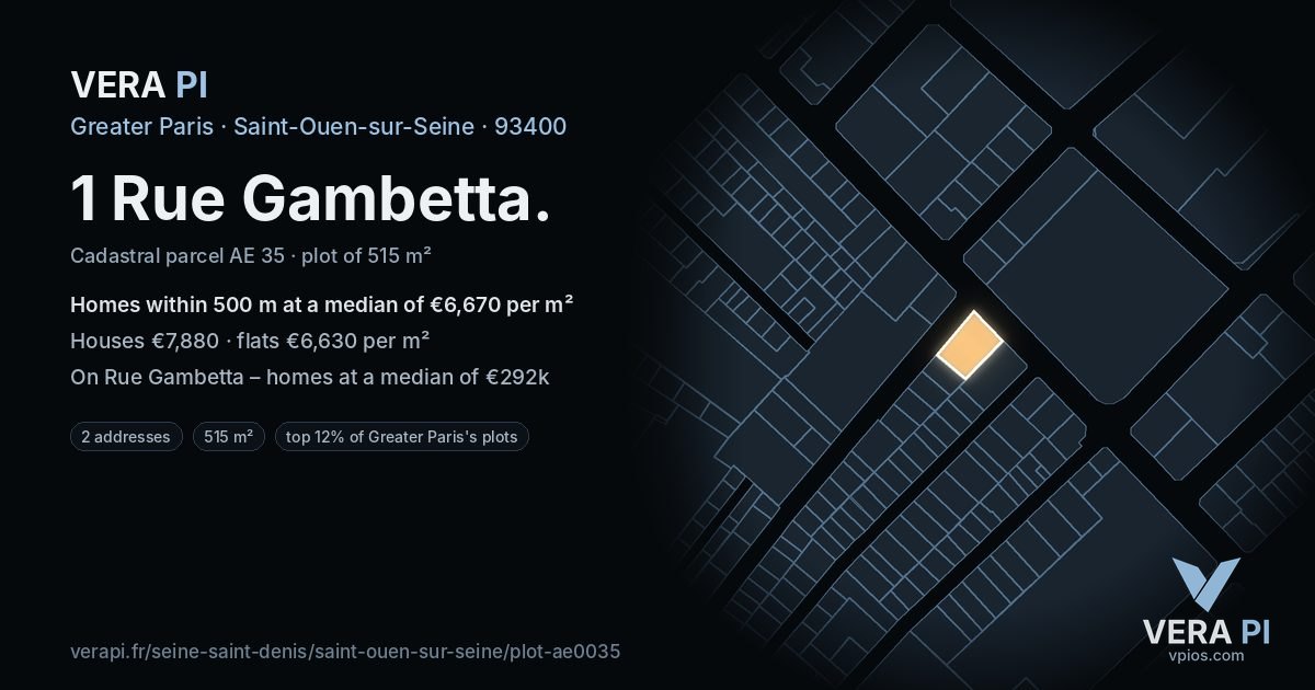 1 Rue Gambetta, Saint-Ouen-sur-Seine at night – the plot lit, the parcels around coloured by the prices near them