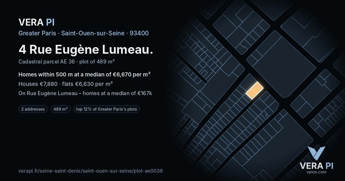 4 Rue Eugène Lumeau, Saint-Ouen-sur-Seine at night – the plot lit, the parcels around coloured by the prices near them