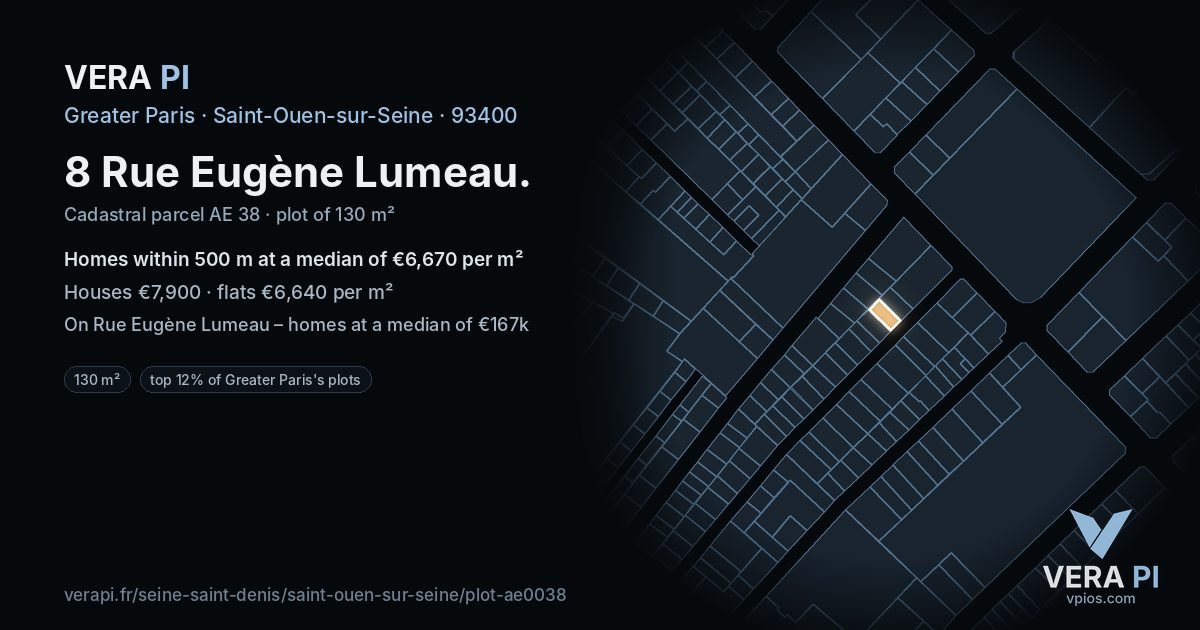 8 Rue Eugène Lumeau, Saint-Ouen-sur-Seine at night – the plot lit, the parcels around coloured by the prices near them