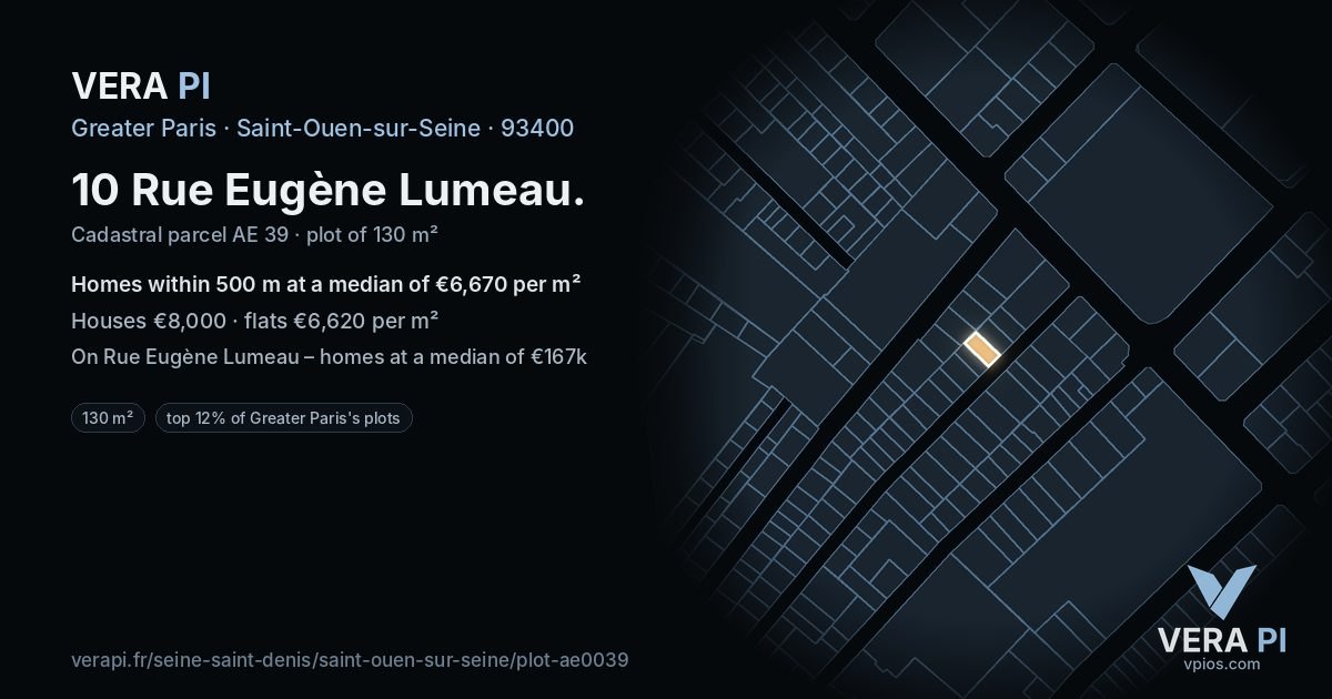 10 Rue Eugène Lumeau, Saint-Ouen-sur-Seine at night – the plot lit, the parcels around coloured by the prices near them