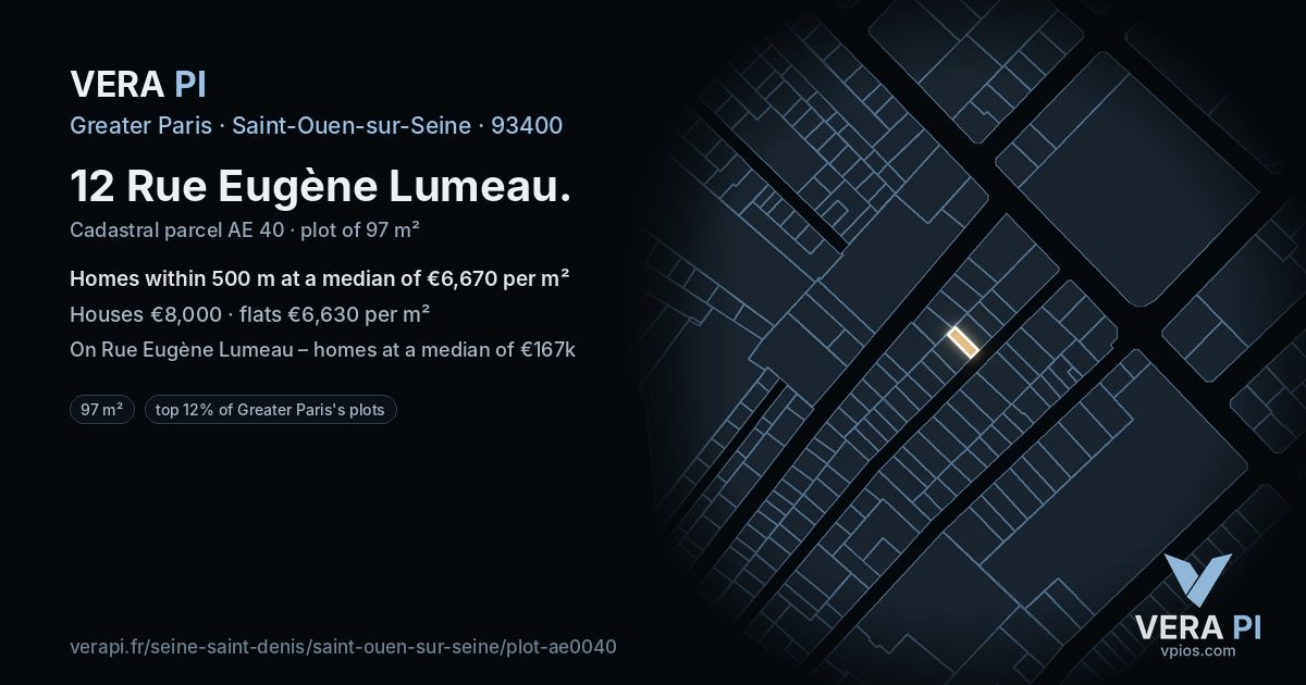 12 Rue Eugène Lumeau, Saint-Ouen-sur-Seine at night – the plot lit, the parcels around coloured by the prices near them