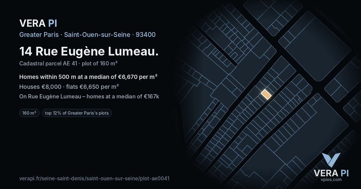 14 Rue Eugène Lumeau, Saint-Ouen-sur-Seine at night – the plot lit, the parcels around coloured by the prices near them