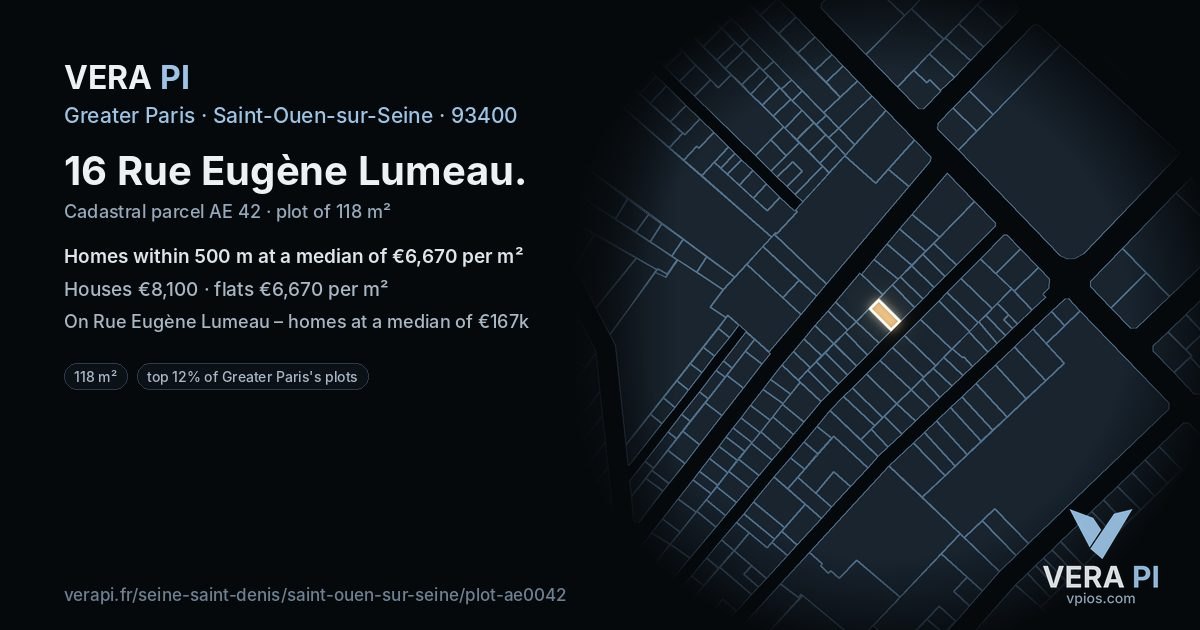 16 Rue Eugène Lumeau, Saint-Ouen-sur-Seine at night – the plot lit, the parcels around coloured by the prices near them